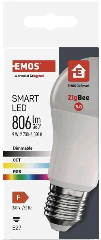 Emos GoSmart LED lemputė A60 / E27 / 9 W (60 W) / 806 lm / RGB / reguliuojamas šviesos srautas / Zigbee / ZQZ514R