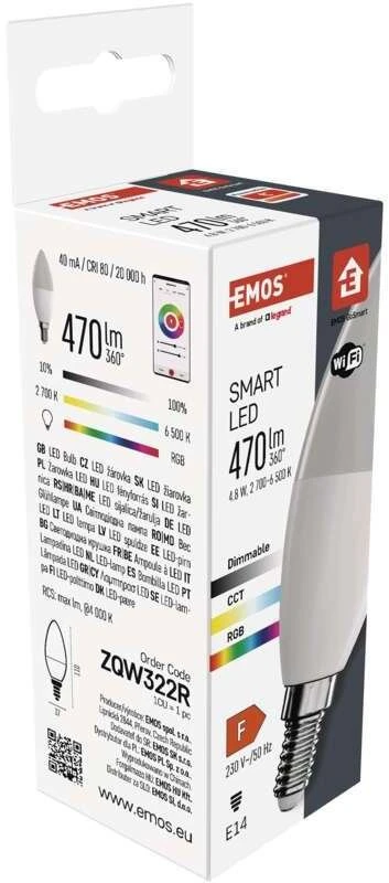 Lemputė LED E14, 230V, 4,8W, 470lm, 2700K - 6500K, RGB, išmanioji Wi-Fi, valdoma programėle, TUYA / Smart Life, EMOS
