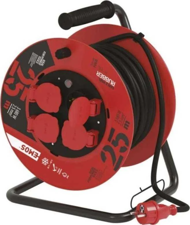 Emos Ilgiklis - ritė 4 lizdų 25m su įžeminimu, 2.5mm², 16A, 3680W, kabelis su gumine izoliacija H05RR-F3G, IP44