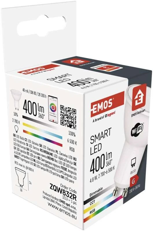 Lemputė LED GU10, 230V, 4,8W, 400lm, 2700K - 6500K, RGB, išmanioji Wi-Fi, valdoma programėle, TUYA / Smart Life, EMOS