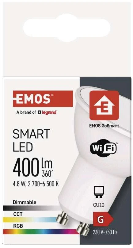 Lemputė LED GU10, 230V, 4,8W, 400lm, 2700K - 6500K, RGB, išmanioji Wi-Fi, valdoma programėle, TUYA / Smart Life, EMOS