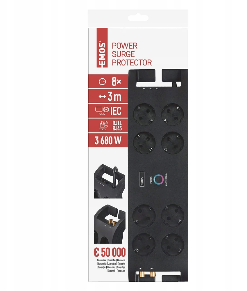Ilgiklis su apsauga nuo viršįtampių (1800J) 8 lizdų, 3m, TV antenos (IEC), RJ45 apsaugos, juodas EMOS