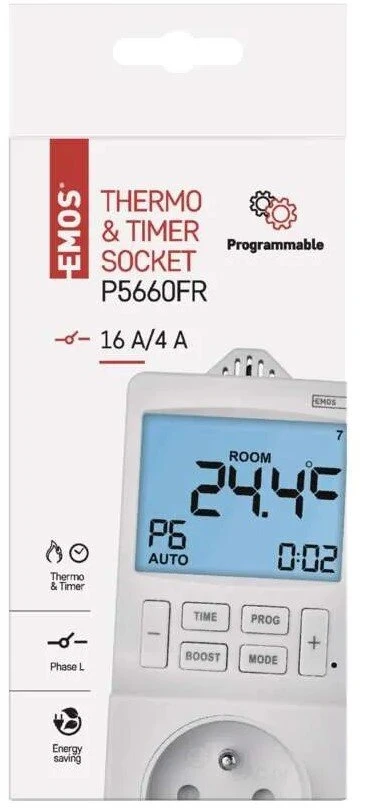 Emos Termostatinis kištukinis lizdas su skaitmeninio laikmačio funkcija 2W1