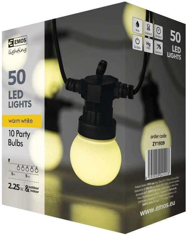 Led girlianda iš 10 vnt didelių burbulų, šiltai balta, matinės, 5W, IP44, EMOS