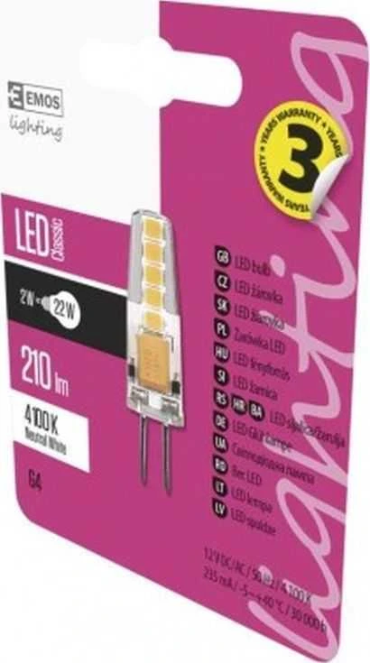 LED lemputė G4 12V JC 2W 210lm, neutraliai balta, 4100K, A++, EMOS
