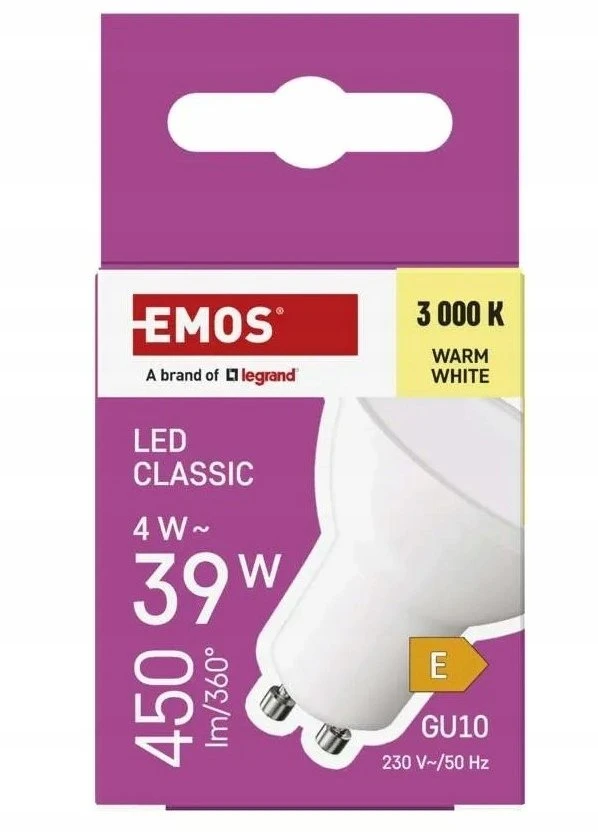 LED lemputė GU10 230V MR16 4W 450lm, šiltai balta, 3000K, EMOS