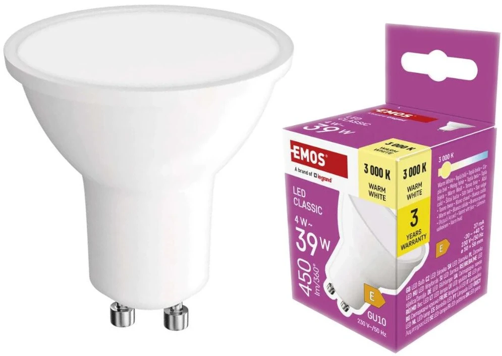LED lemputė GU10 230V MR16 4W 450lm, šiltai balta, 3000K, EMOS