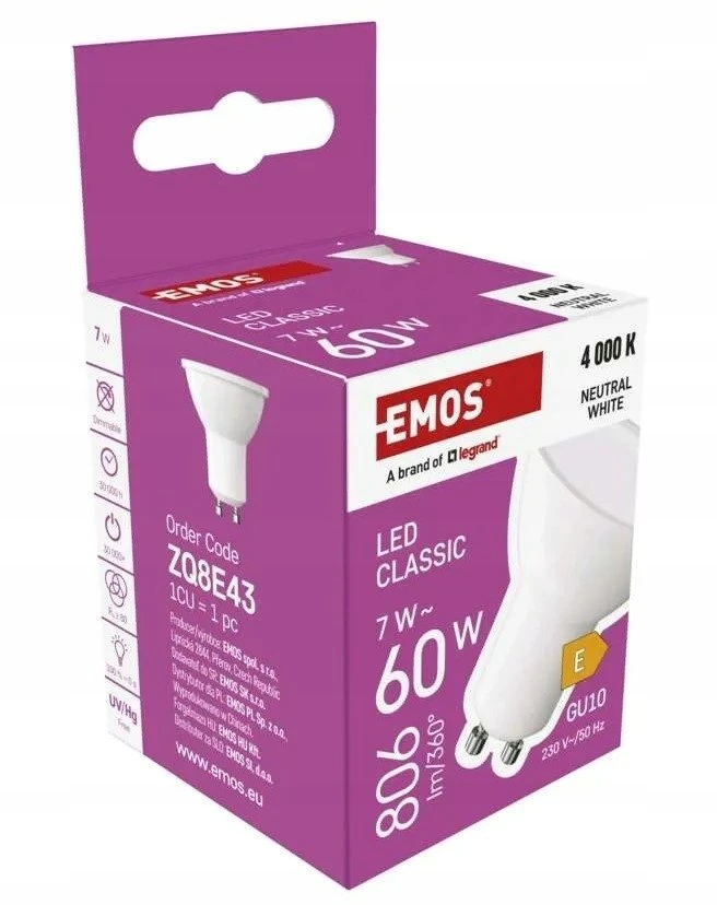 Emos LED lemputė GU10 230V MR16 7W 806lm, neutraliai balta, 4000K, 100°