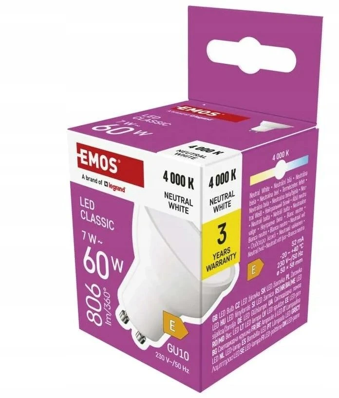 Emos LED lemputė GU10 230V MR16 7W 806lm, neutraliai balta, 4000K, 100°