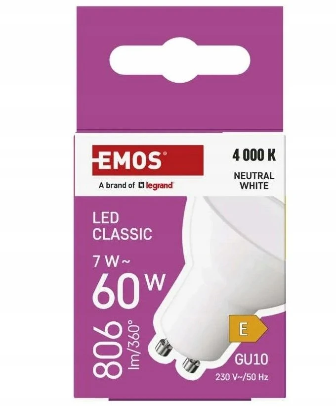 Emos LED lemputė GU10 230V MR16 7W 806lm, neutraliai balta, 4000K, 100°