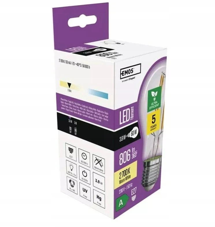 Emos Żarówka LED Filament A60 A Class E27 3,8W (60W) 806lm ciepła biel 5 metų garantija klasa AZF5147