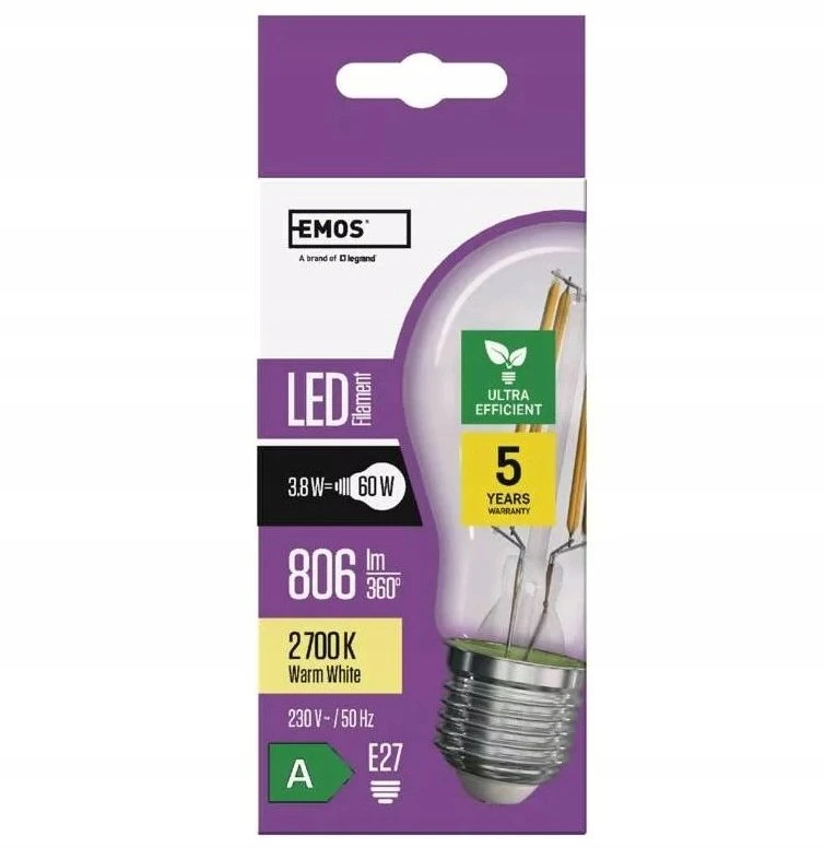 Emos Żarówka LED Filament A60 A Class E27 3,8W (60W) 806lm ciepła biel 5 metų garantija klasa AZF5147