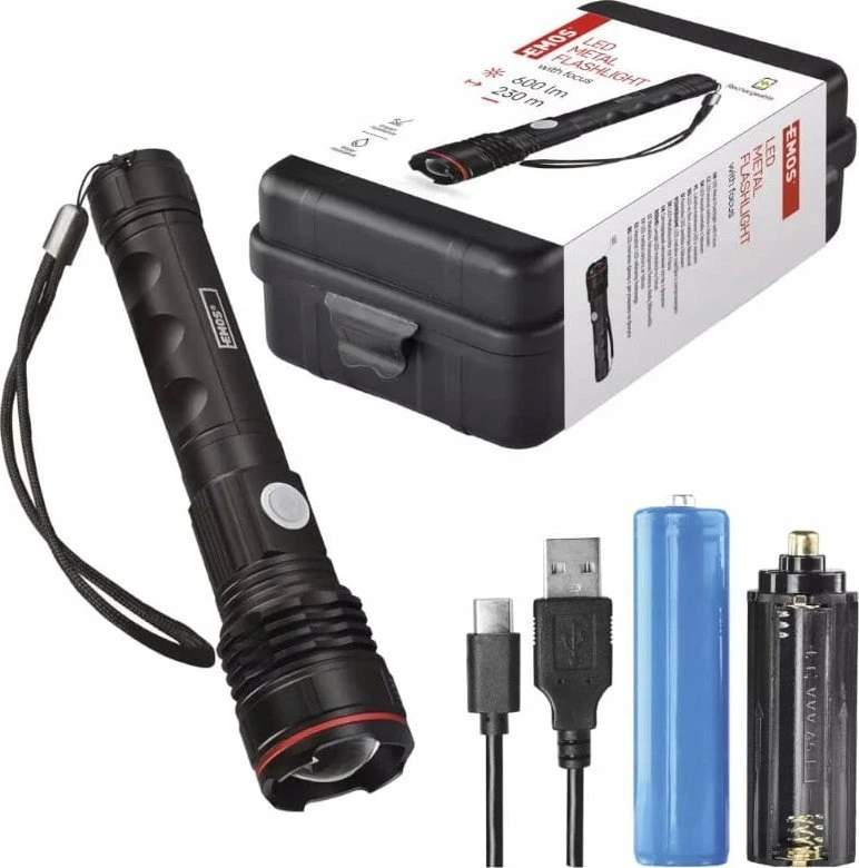 Emos Žibintuvėlis LED įkraunamas USB-C 600lm 3 režimai 100/50/25% hermetiškas P3116 aliuminis juodas, gali veikti su baterijomis 3x R03 AAA