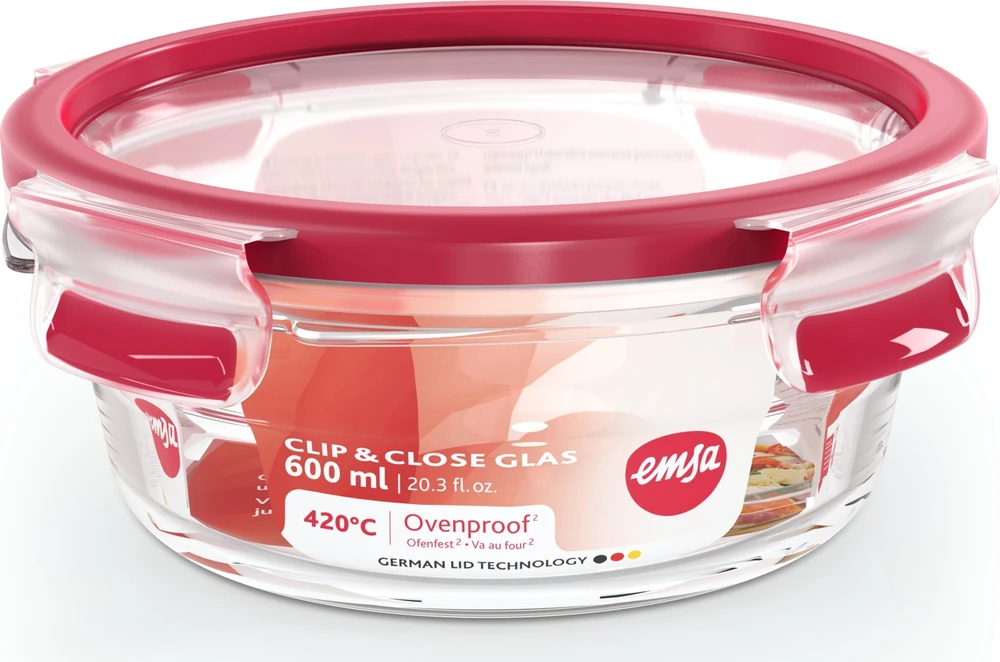 Emsa Emsa Clip&Close Glass Food Container 600 ml raudona