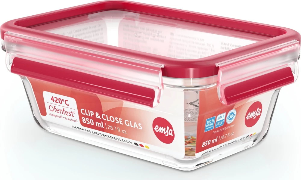 Emsa Emsa Clip&Close Glass Food Container 850 ml raudona