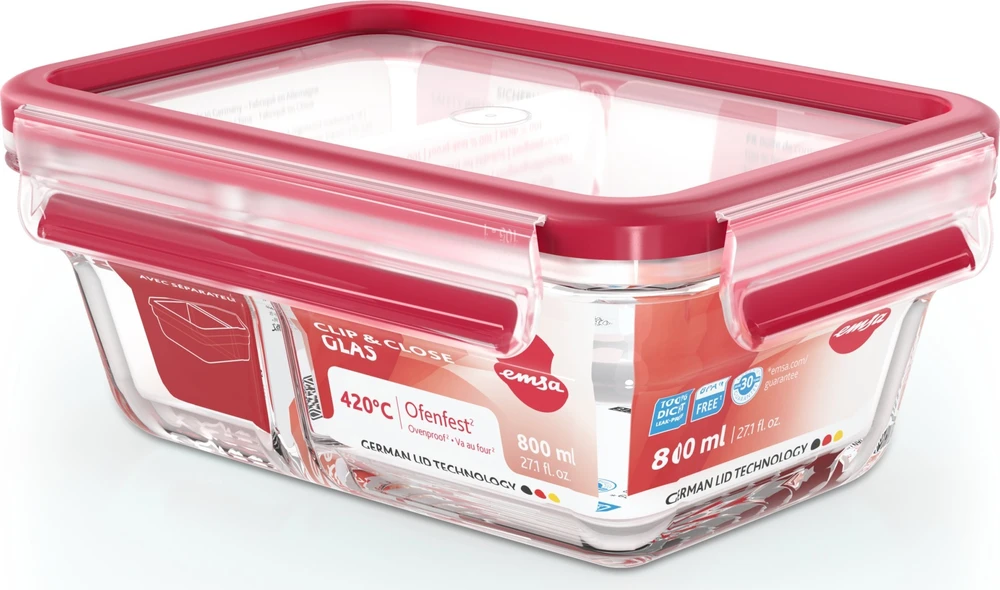 Emsa Clip&Close Glass Food Container 800 ml raudona