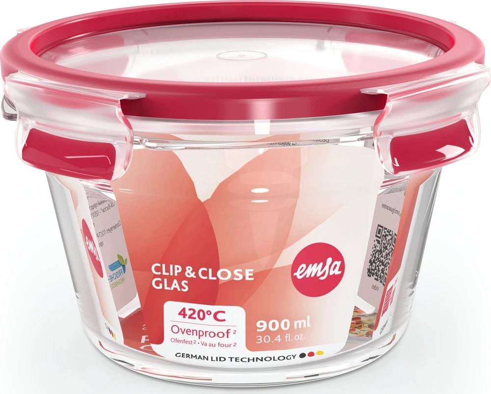 Emsa Emsa Clip&Close stiklinis maisto indas, 900 ml, raudonas