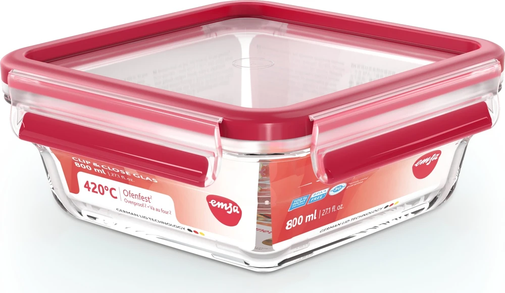 Emsa Clip&Close stiklinis maisto konteineris 0,8 L raudonas