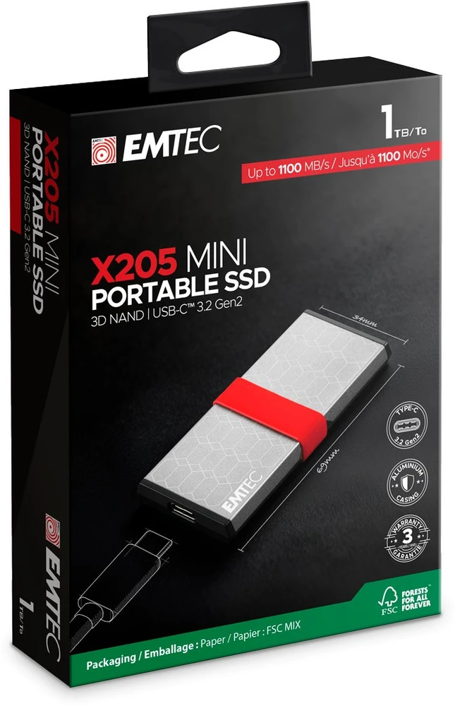 Kietasis diskas Emtec X205 Mini 1TB Sidabrinė išorinis SSD (ECSSD1TX205)