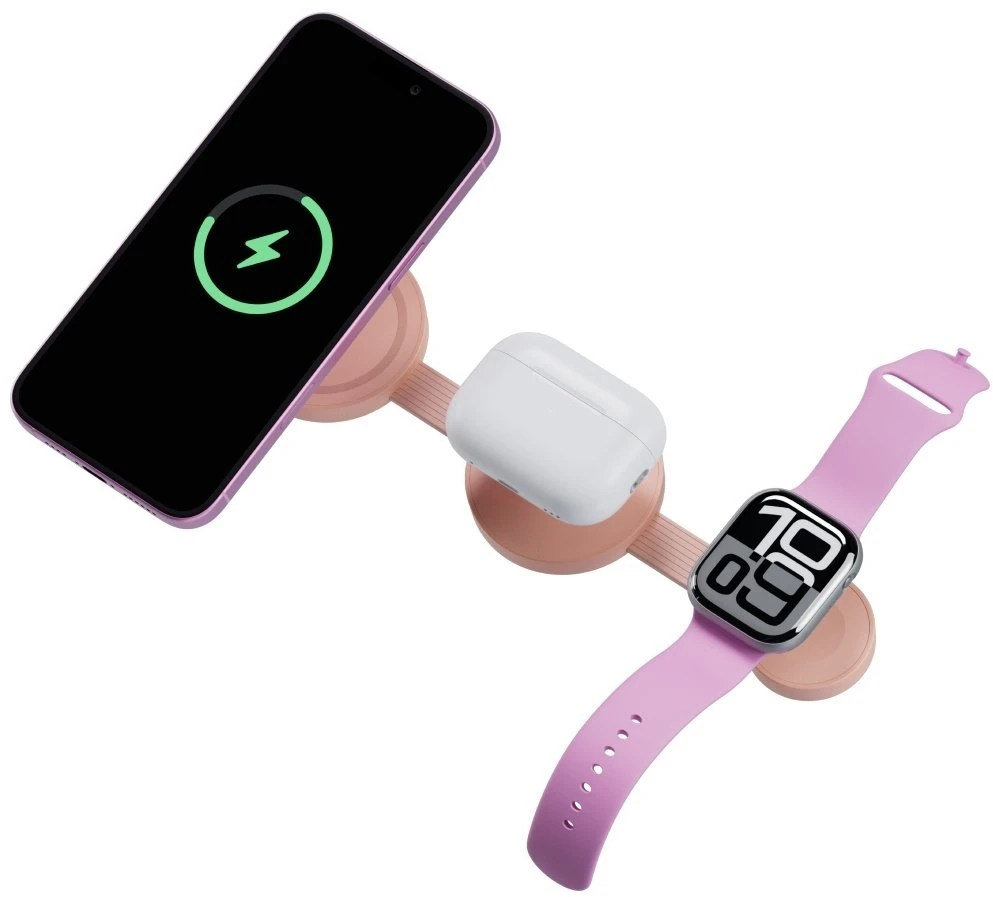 Energea Belaidis įkroviklis Bazic GoMag Trio 2 3in1 15W magnetic skirtas iPhone/Watch/AirPods rožinės spalvos