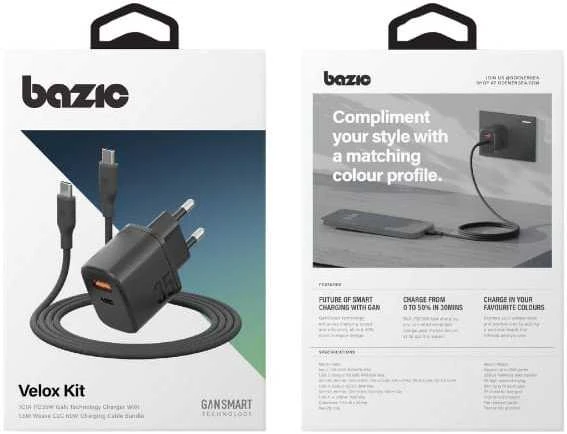 Energea Laidinis įkroviklis Bazic Goport Velox Kit 1xUSB-C 1xUSB-A GaN 35W with cable juodos spalvos