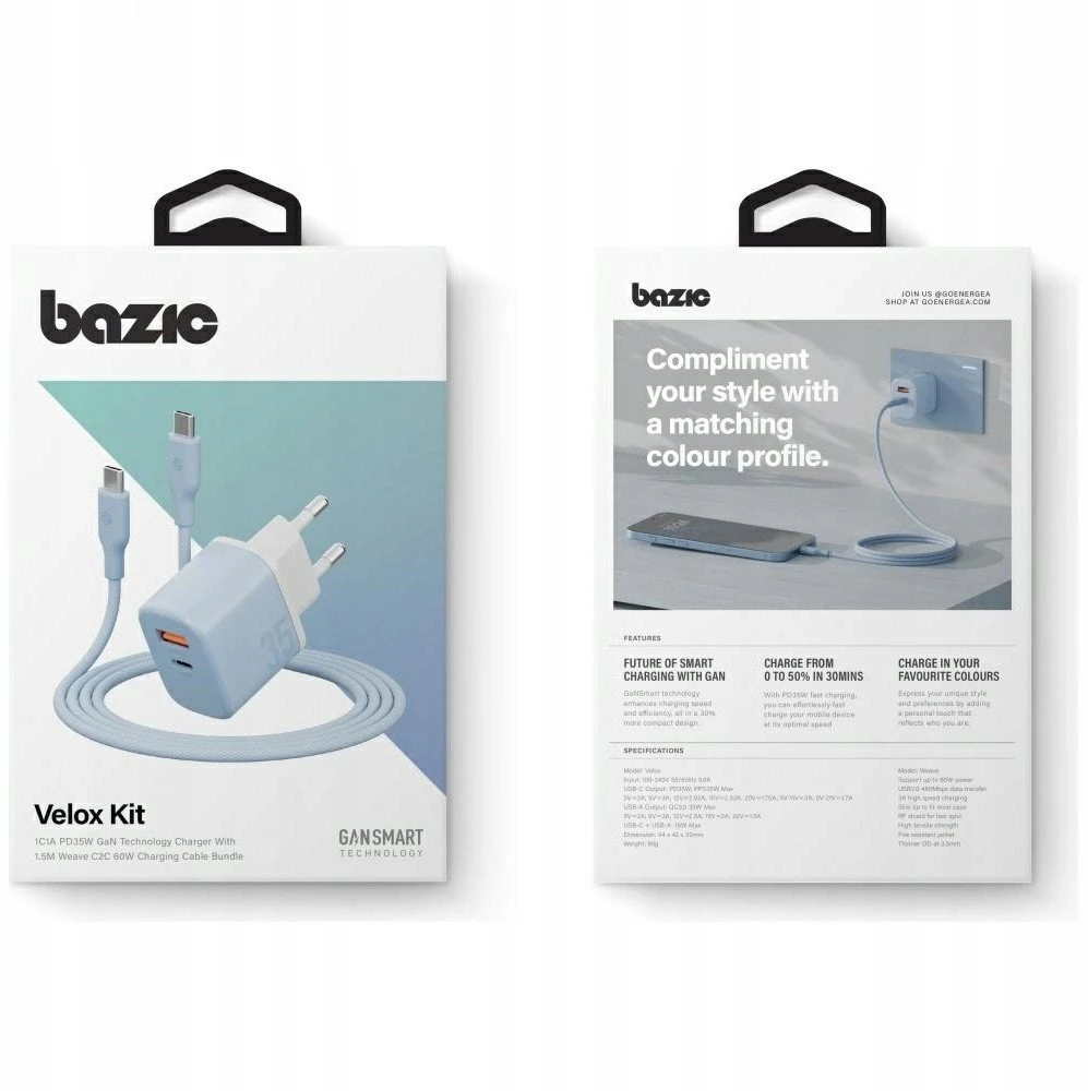 Energea Laidinis įkroviklis Bazic GoPort Velox Kit USB-C/USB-A GaN 35W with cable mėlynas