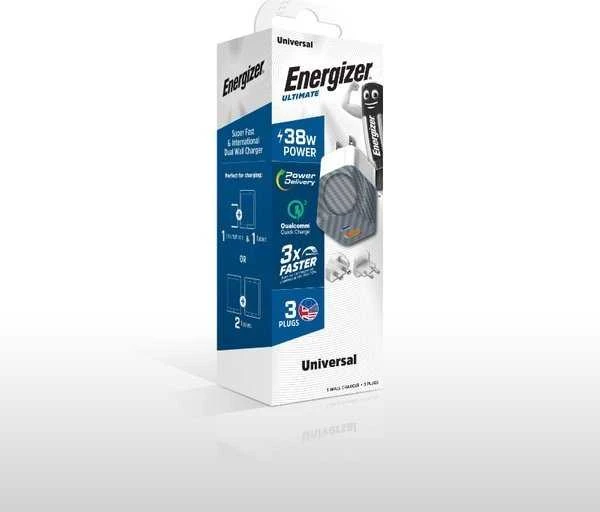 Energizer Ultimate - Multiplug EU / UK / US mains įkroviklis GaN 38W PD + QC3.0 sidabro spalvos