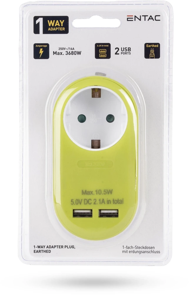 ENTAC Entac EPAG-1EE-2USB-L maitinimo kištukų adapteris, F tipas, laimo spalvos