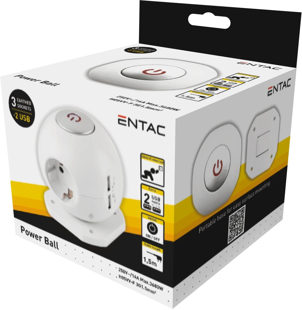 ENTAC Entac ESC1.5G3-USB-GLOBE rozgałęziacz 1,5 m 3 x gniazdo jungiama į tinklą Wewnętrzna Baltas