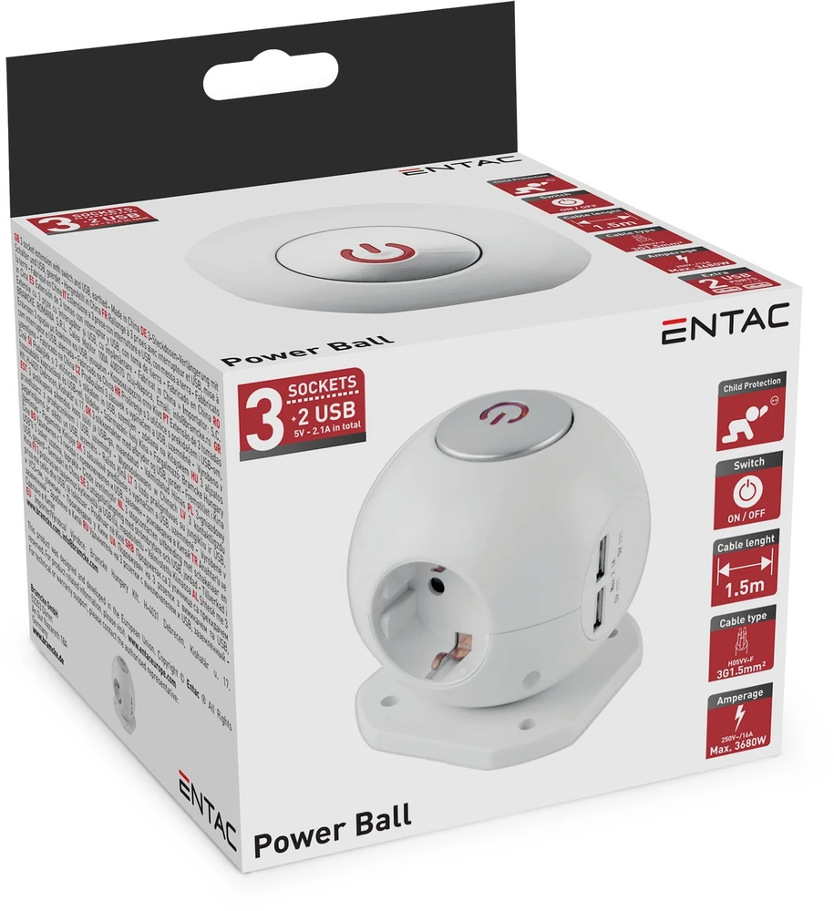 ENTAC Entac ESC1.5G3-USB-GLOBE rozgałęziacz 1,5 m 3 x gniazdo jungiama į tinklą Wewnętrzna Baltas