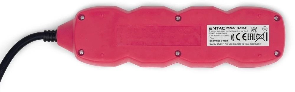 Ilgintuvas Entac 3 lizdų, 1.5m, 16A su jungikliu, rožinis