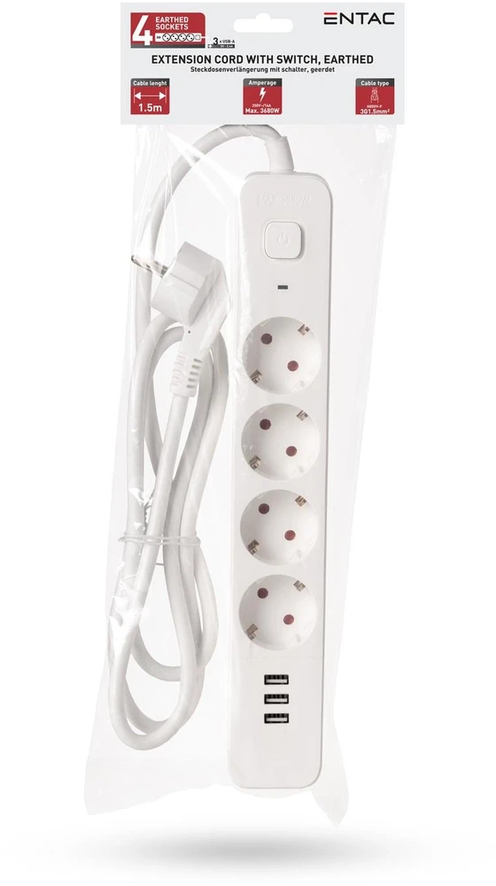 Entac prailgintuvas su įžeminimu 4lizdų+3USB 1.5 m 3680W