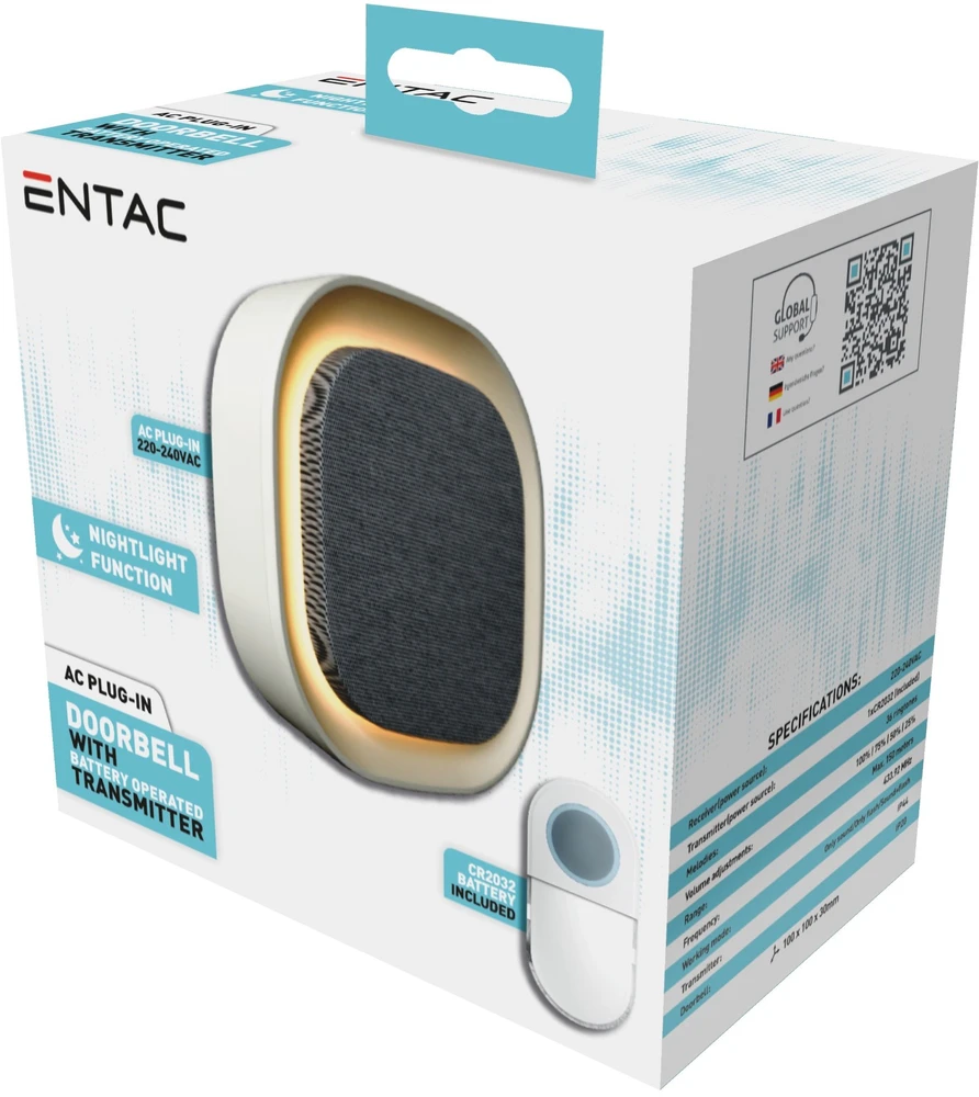 ENTAC Entac Dzwonek AC Plug-in su naktine lempute IP44 - siųstuvas 1xCR2032