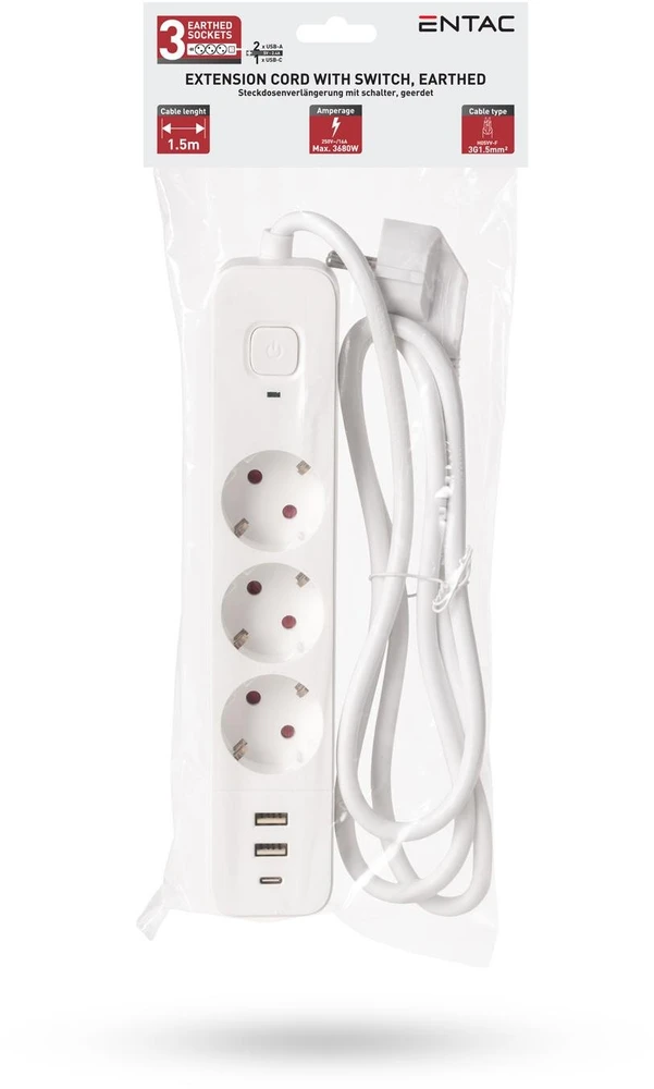 Entac Ilgiklis 3 lizdų 2USB-A + USB-C, 1.5 m