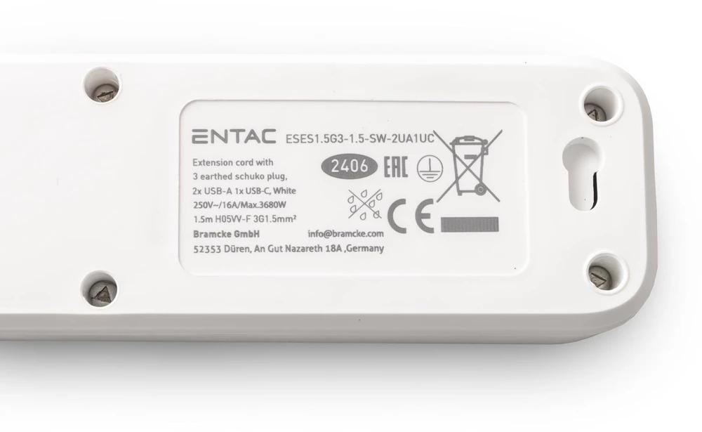 Entac Ilgiklis 3 lizdų 2USB-A + USB-C, 1.5 m