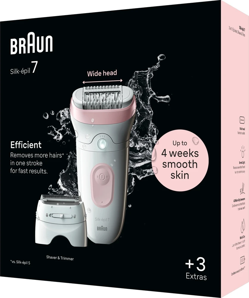 Braun epiliatorius | SE7030 Silk-épil Series 7 | Veikimo laikas (maks.) 40 min. | Galios lygių skaičius 2 | Drėgnai ir sausai | Baltas/Rožinė