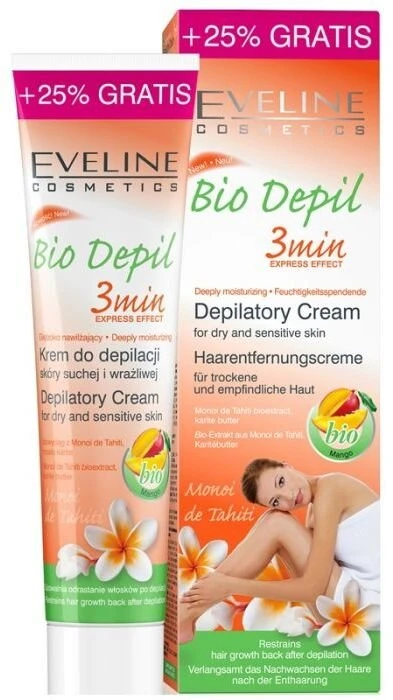 „Eveline Cosmetics Bio Depil Mango Smooth“ plaukų šalinimo kremas jautriai odai, 125 ml