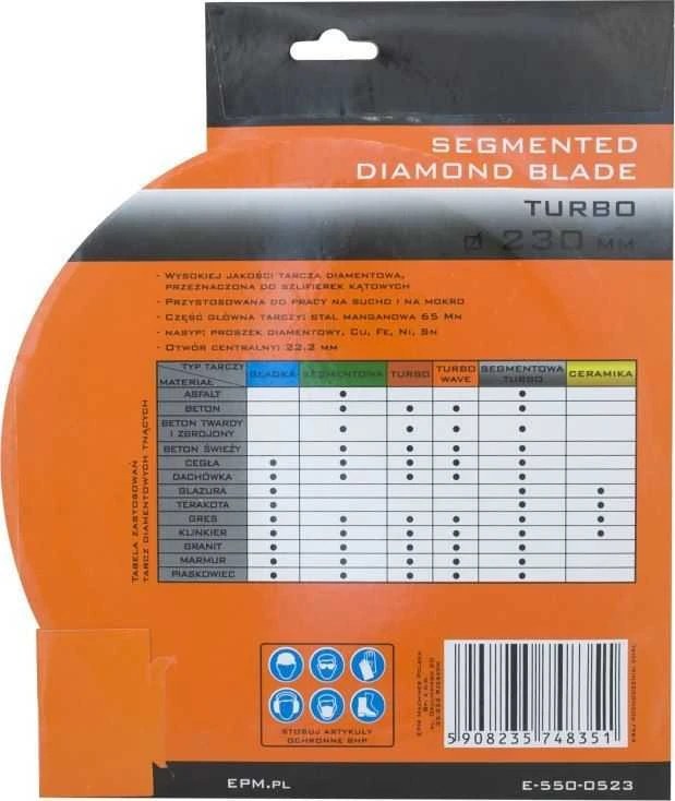 EPM segmentuotas turbo deimantinis peilis su aušinimo skysčio angomis. 230 mm