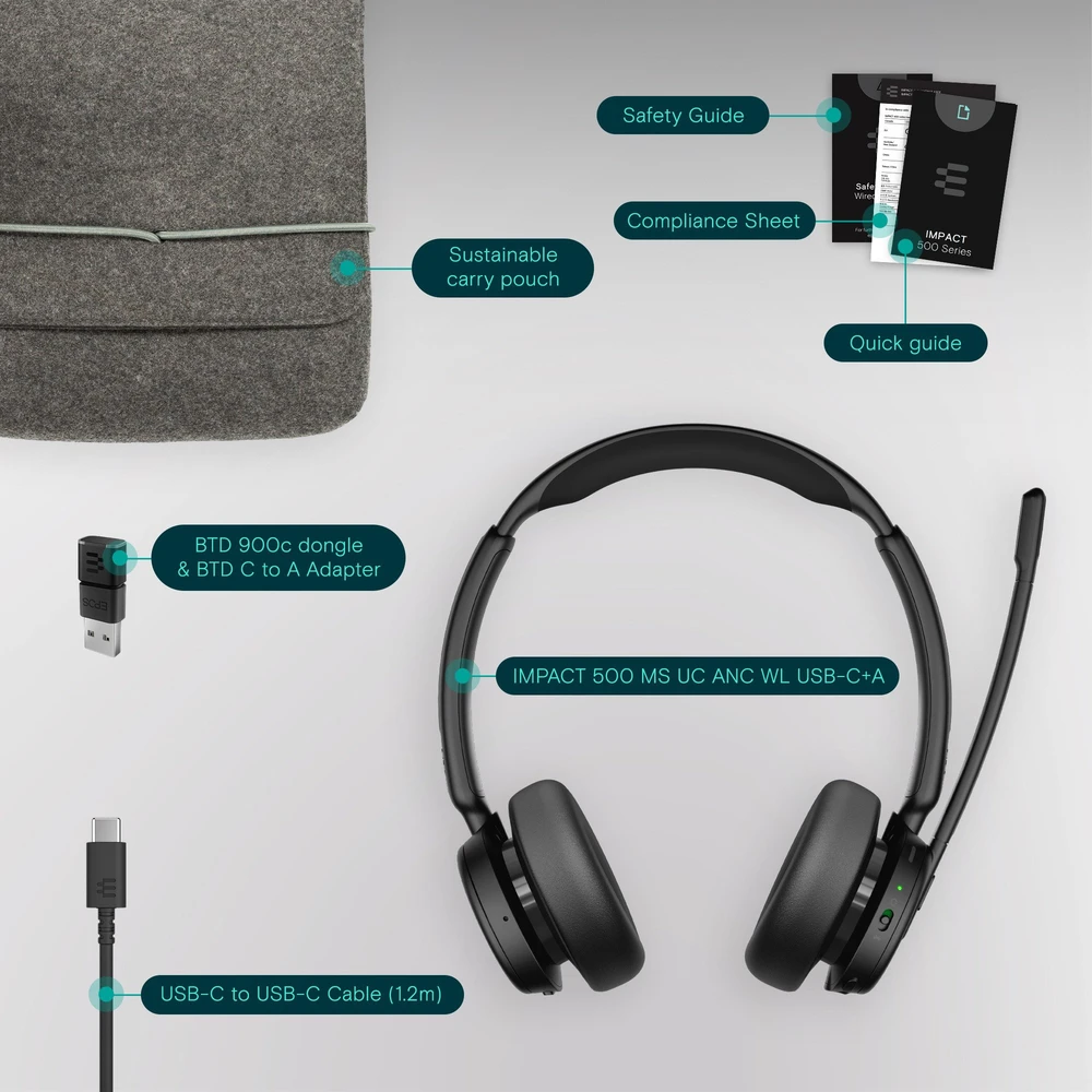 Ausinės EPOS IMPACT 500 MS UC ANC WL USB-C+A