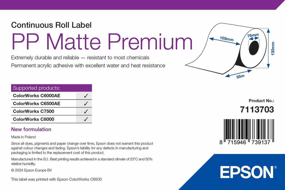 Epson PP MATTE LABEL PREMIUM/CONTINUOUS ROLL 105MM X 55M