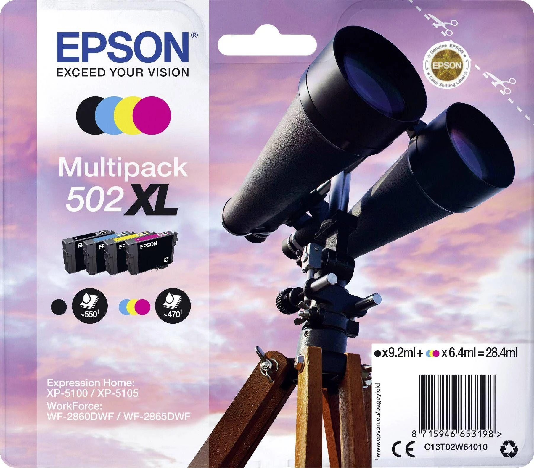 Epson 502XL Originalus Juoda, Žydras, Rausvai raudona, Geltona 1 vnt