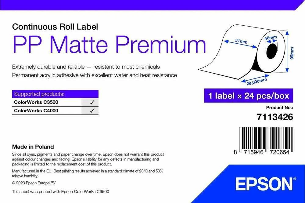 Epson PP matinės etiketės, aukščiausios kokybės, ištisinės, 51 x 29 mm, ritinėlis