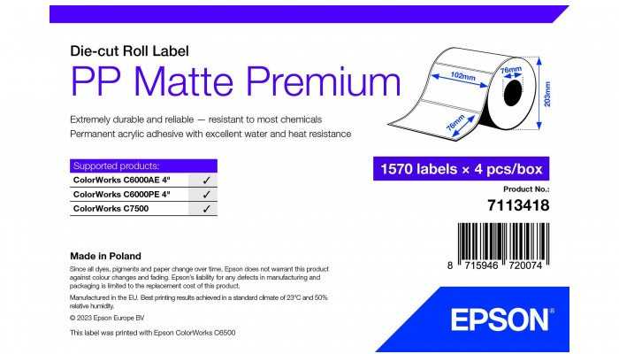 Epson epson PP MATTE LABEL PREM DIE-CUT/ROLL 102X76MM 1570 LABELS