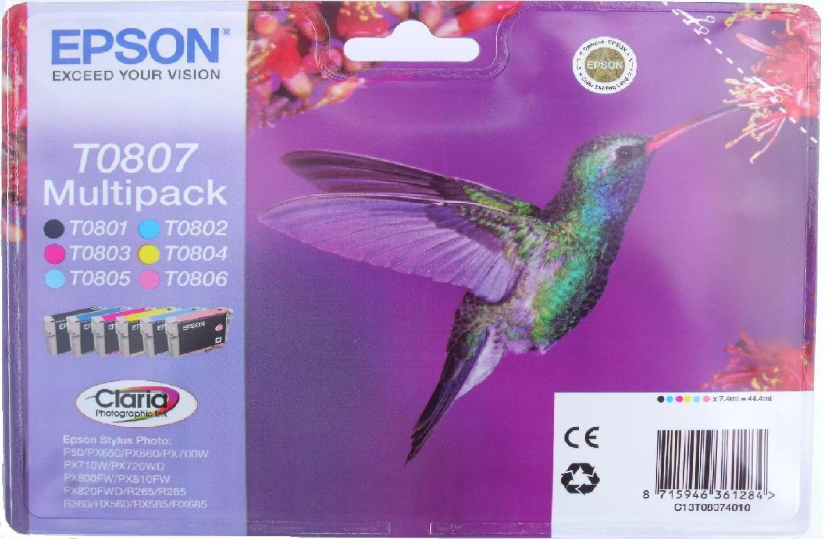 Epson Multipack 6 spalvų T0807 Claria fotografijos rašalo kasetė, Juodas, žydra, šviesiai žalsvai mėlyna, rausvai raudona, šviesiai purpurinė, geltona