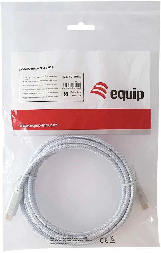 Kabelis USB Equip USB-C - USB-C 3 m Baltas (128360)