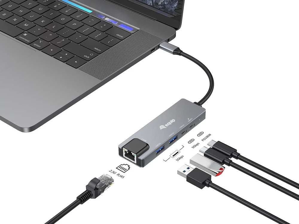 Equip 133496 knyginių kompiuterių dokas / jungčių replikatorius Vielinis USB 3.2 Gen 1 (3.1 Gen 1) Type-C Pilka