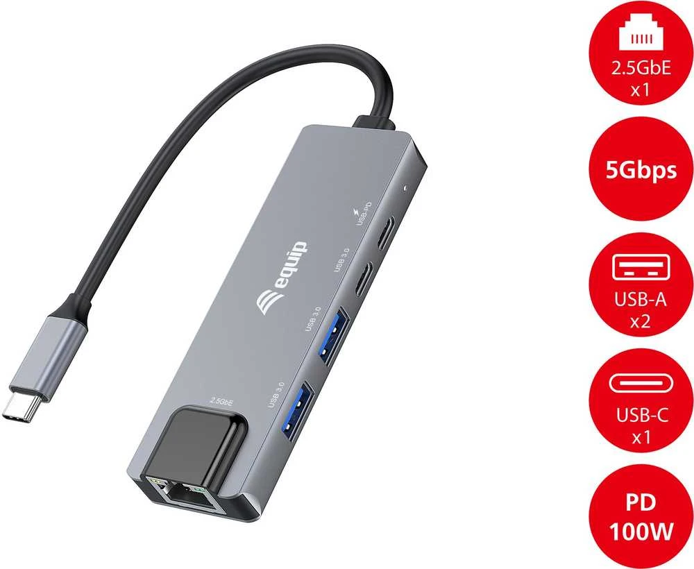 Equip 133496 knyginių kompiuterių dokas / jungčių replikatorius Vielinis USB 3.2 Gen 1 (3.1 Gen 1) Type-C Pilka