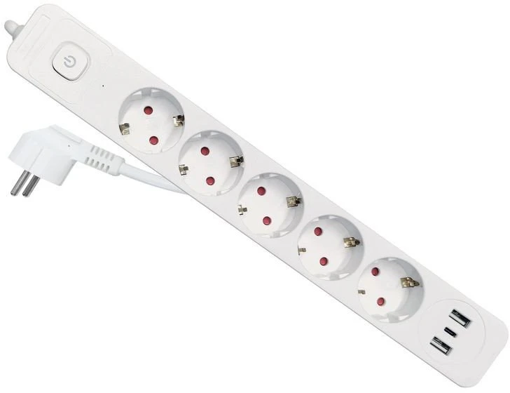 Maitinimo juosta Equip su apsauga nuo viršįtampių ir jungikliu, 5 Schuko lizdai, 2x USB-A, 1x USB-C, platininė (245555)
