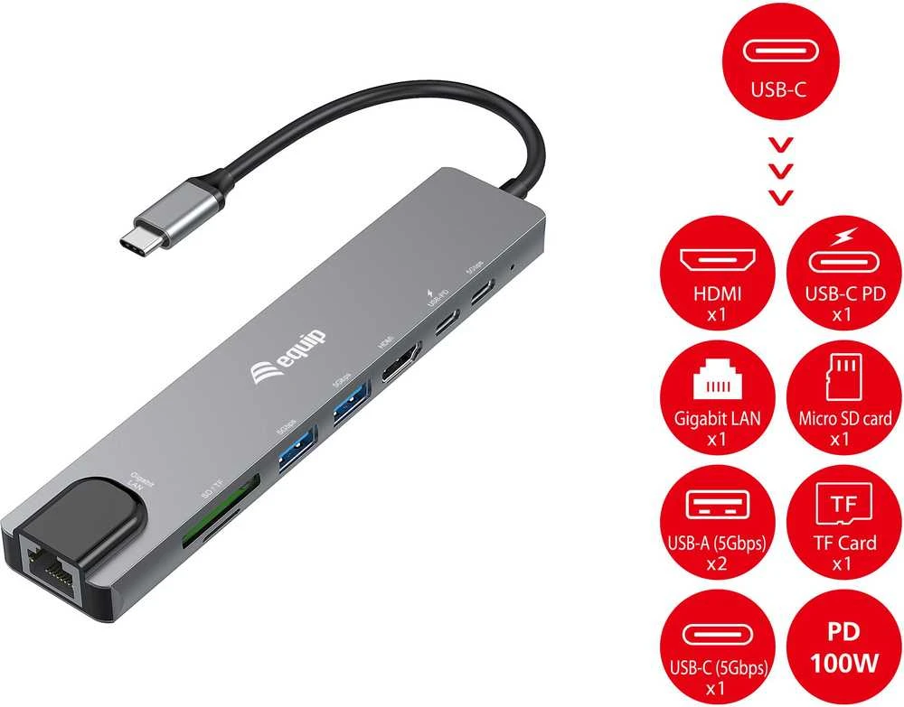 Equip USB-C daugiafunkcis adapteris su piktogramomis