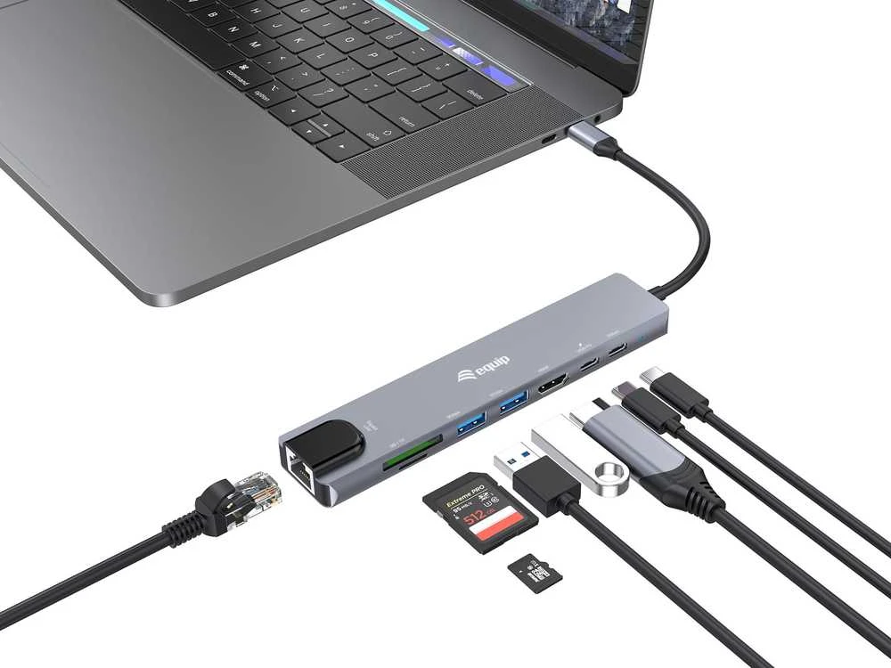 Equip 133497 knyginių kompiuterių dokas / jungčių replikatorius Vielinis C tipo USB Juoda, Pilka
